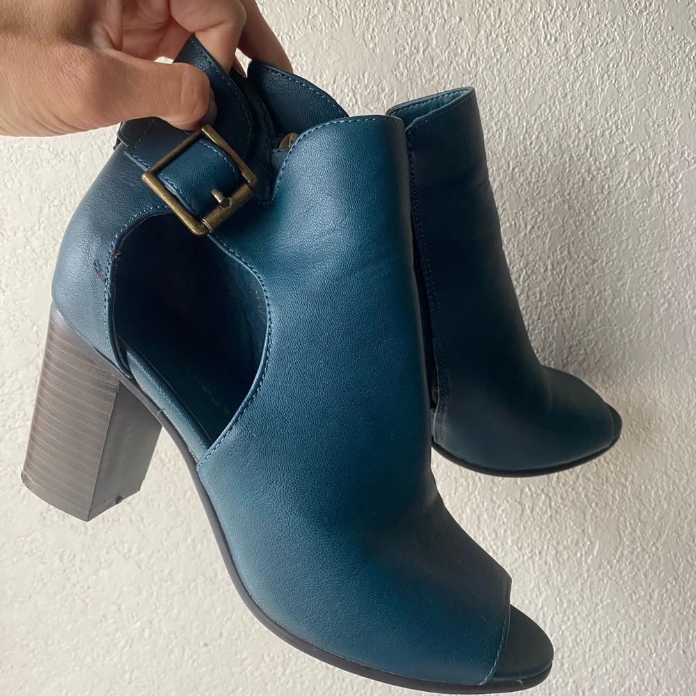 Blue Heeled Boots with Chunky Block Heel and Ankle Strap